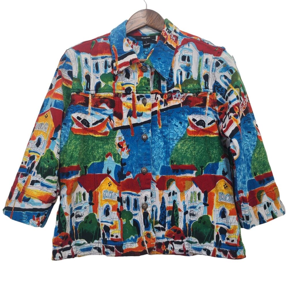 KAKTUS Women’s Multicolored Denim City Boats Jacket Button Up Pockets Size L